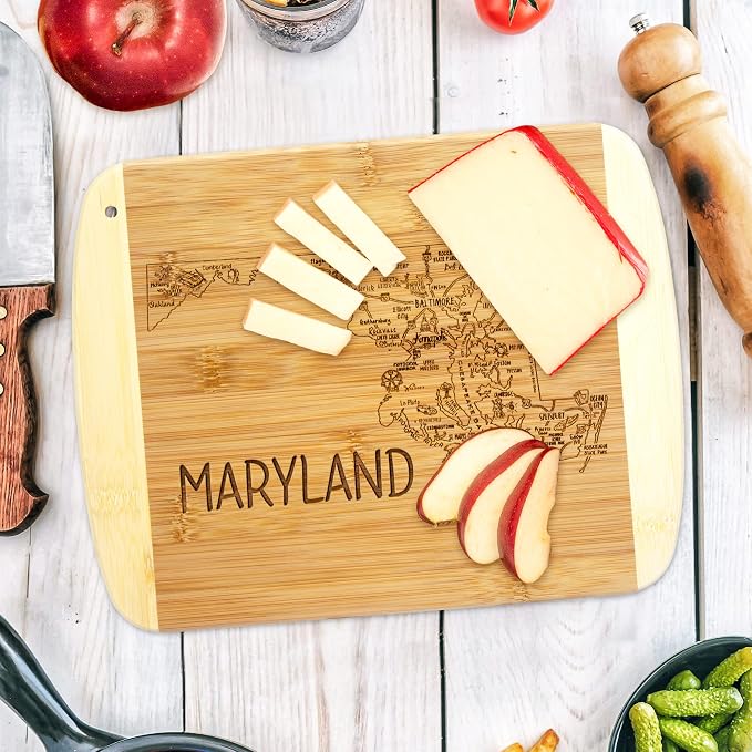 Totally Bamboo A Slice of Life Maryland Engraved Map Cutting Board | 11” x 8.75” charcuterie board with engraved state map artwork. Smooth reverse side for food prep. Hang tie for wall display.