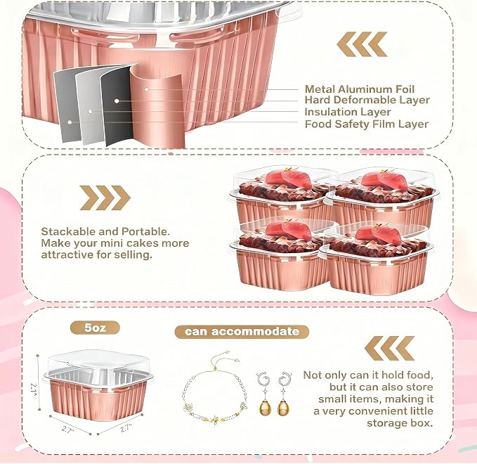 60Pack 5oz Champagne Mini Cake Pans with Lids Baking Cups Aluminum Foil Pans Tins, Individual Dessert Cups Containers for Sales,Party,Picnics
