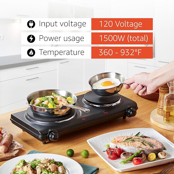 Elite Gourmet EDB-302BF# Double Cast Iron Burner, 1500W Hot Plate, Black | Adjustable temperature control, power indicator lights, easy-to-clean surface, countertop design