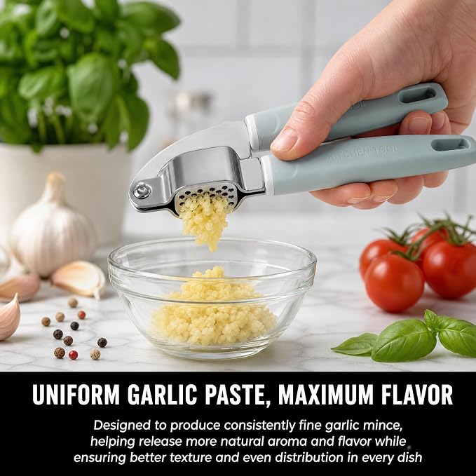 Garlic Press Stainless Steel, Easy-Squeeze Garlic Mincer with Ergonomic Handle, No Need to Peel, Large Capacity Crusher, Heavy Duty, Rustproof & Dishwasher Safe
