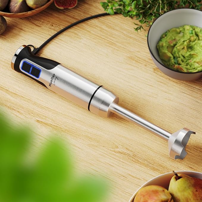 Mueller Immersion Blender Handheld - 8 Speed Stainless Steel Electric Hand Blender, Emulsion Blender Stick Kitchen Gadget with Turbo Mode | Stainless Steel | 8 Speed Settings with Turbo Mode | Electric Hand Blender