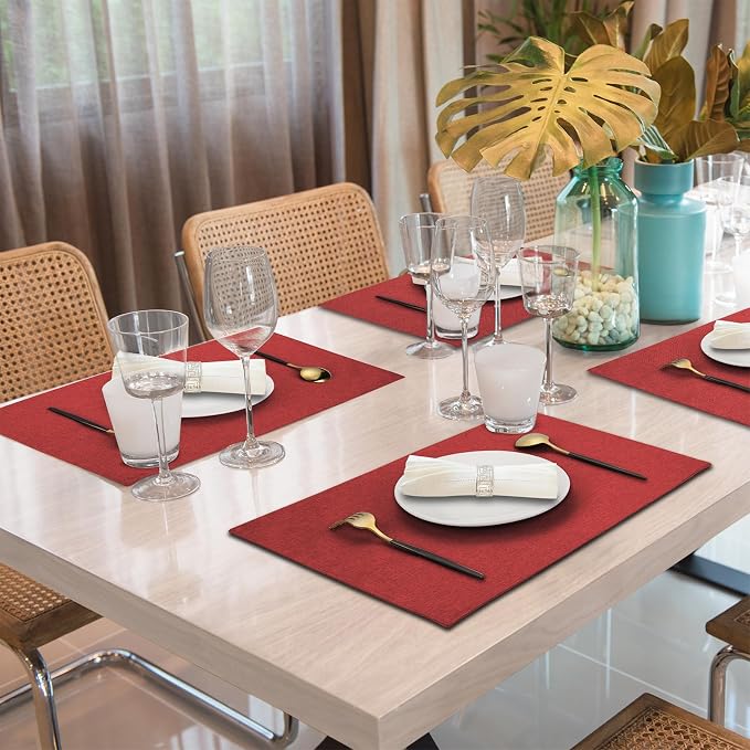 Cloth Placemats Set of 4, Cotton Linen Blend Place Mats, Red | Machine Washable, Double Layered, Heat Resistant, Fabric Dining Table Mats for Kitchen, Indoor & Outdoor, 13" x 19"