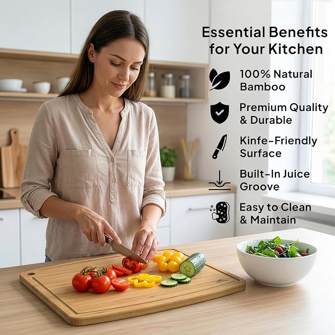 Large Bamboo Cutting Board, Reversible Wood Cutting Board with Deep Juice Groove, Food-Safe Oil Finish, Large Wooden Chopping & Carving Board for Meat, BBQ, Vegetables