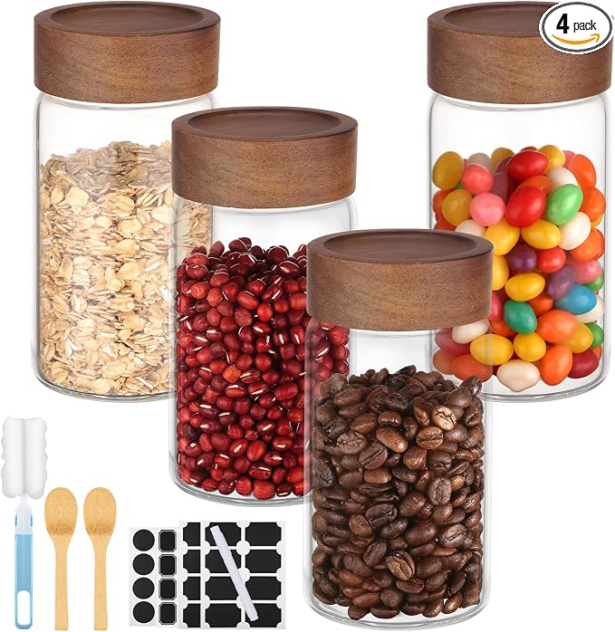 Coffee Jars Set of 4, Clear 9oz 270ml Glass Mason Jars with Wood Lids, Airtight Screw Top Glass Canister, Kitchen Sugar Containers for Pantry Storage, Spice, Tea, Candy, Oats, Beans, Seasoning