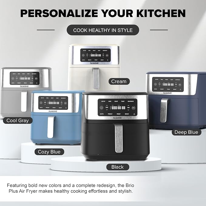 Nuwave Brio Plus 7QT Air Fryer, Extra Crispy Results w/Less Oil, PFAS-Free | Non Toxic, Odor-Free, More Even, 100 One-Touch Presets, 6-in-1: Air Fry, Bake, Roast, Toast, Dehydrate & Reheat, 50°F–400°F
