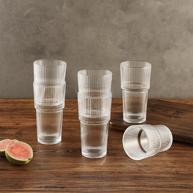 Ribbed Glass Tumbler Drinking Glasses with Lids & Straws, Leak-Proof 20oz and 15oz Glass Cups, 4PCS Glass Tumblers, Ideal for Home, Office, Outdoor Use