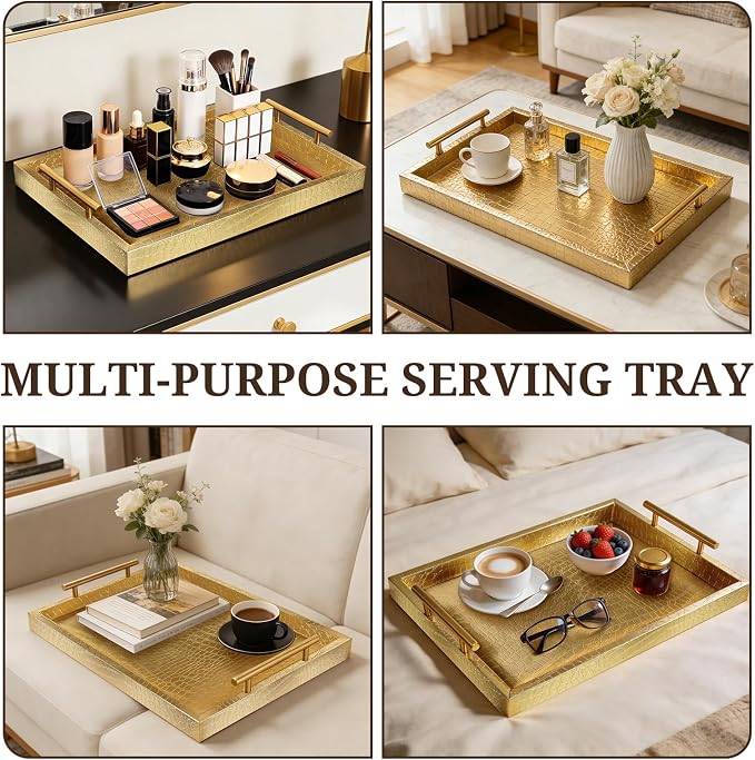 SXNOWS Faux Leather Serving Tray with Gold Handles, Glossy Gold | 17x12 in Rectangle Decorative Tray, Perfect for Ottoman Coffee Table Kitchen Bar, Stylish Gift for Home Decor