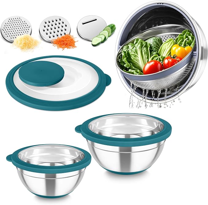 TeamFar Mixing Bowls with Colander, Stainless Steel Salad Bowls, Blue | 4.6/ 3/ 1.5 QT Nesting Bowls Rotatable Fruit Strainer, with Lids & 3 Graters, Non-Slip Bottom & Visible Lid, Dishwasher Safe