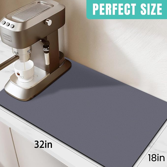 Coffee Mat Super Absorbent Dish Drying Mat Coffee Bar Mat 18"x 32", Grey | Match with Coffee Machine Accessories Large Drying Mats for Kitchen Counter