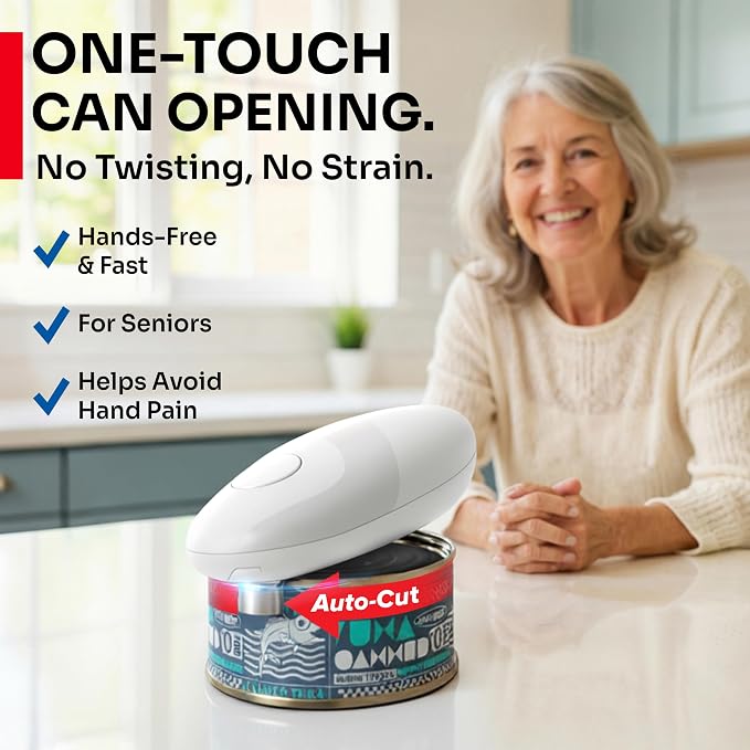 MUELLER HOME SmoothEdge Auto Electric Can Opener, White | Battery-Operated, One-Touch w Magnet Lid Lifter, Smooth-Edge Cut Technology, Portable Hands-Free Automatic