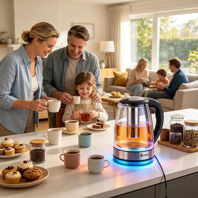 Electric Kettle, 7 Colors LED, Removable Tea Infuser, Glass Tea Kettle, 360° Swivel Base, BPA Free, Stainless Steel, Auto Shut-Off, Boil Dry and Overheat Protection for Coffee 1.8 L