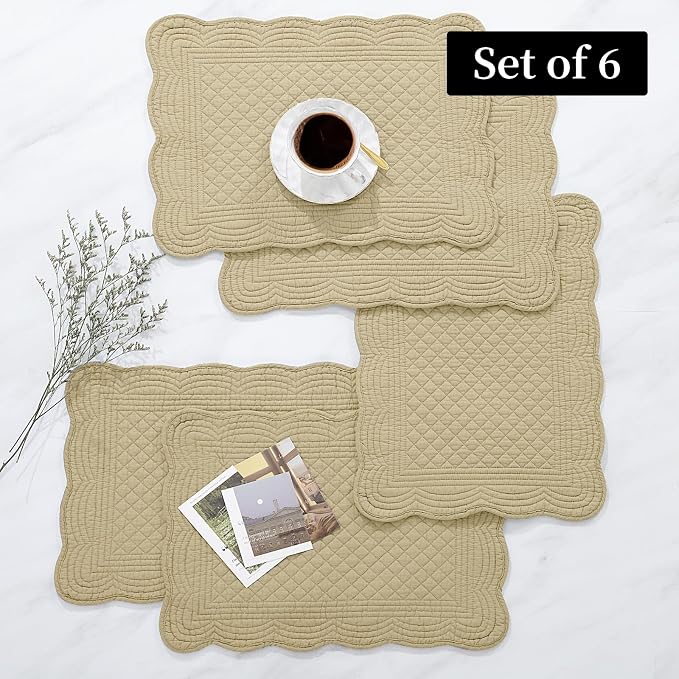 HOMBYS Quilted Placemats Set of 6 Washable-13x18 inches Rectangular Placemats for Kitchen Table-100% Cotton Fabric Rectangular Table Mats, (Khaki)