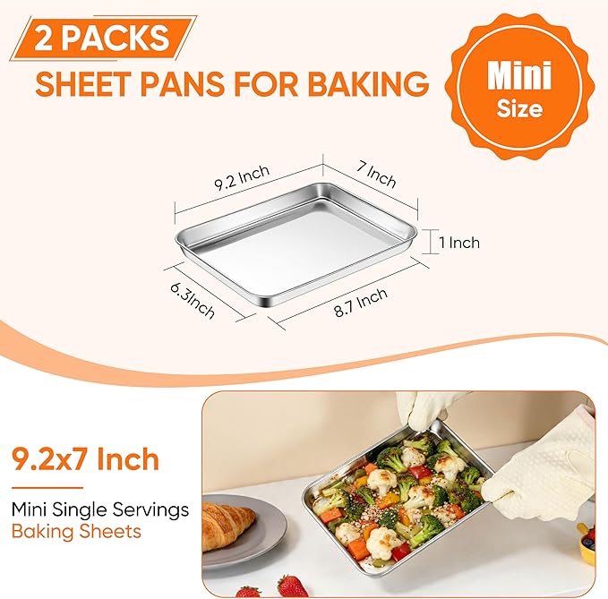 LIANYU Stainless Steel Tray for Baking, 9.2x7”Small Cookie Baking Sheet Pan | 2PCS Metal Cooking Sheet Tray for Oven, Rust Free & Mirror Finish, Dishwasher Safe, Heavy Duty, No Coating, Easy Cleaning