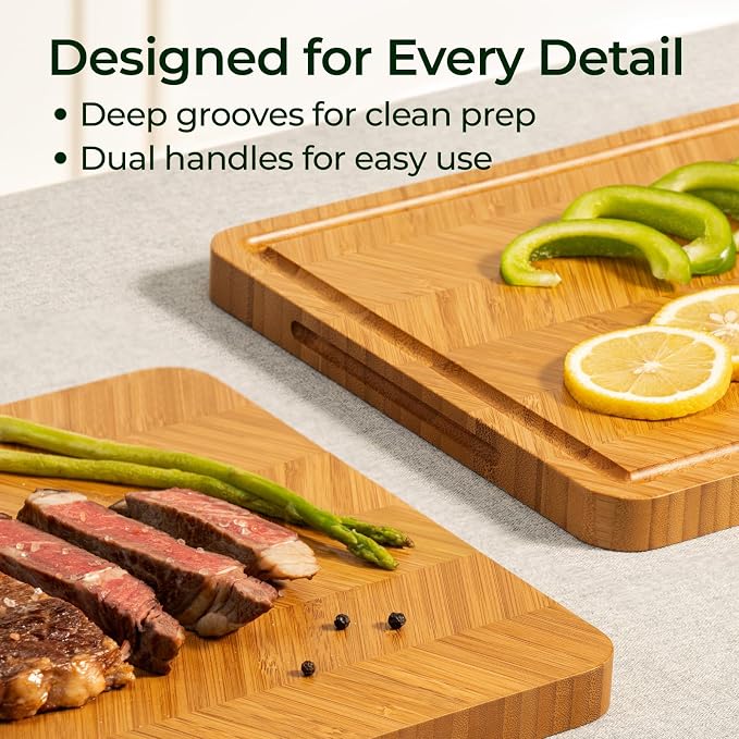 Keechee Atelier Collection Bamboo Cutting Board, Reversible Wood Chopping Boards for Kitchen with Juice Grooves, Handcrafted Large Serving Tray, Luxury Housewarming Wedding Gifts for New Home