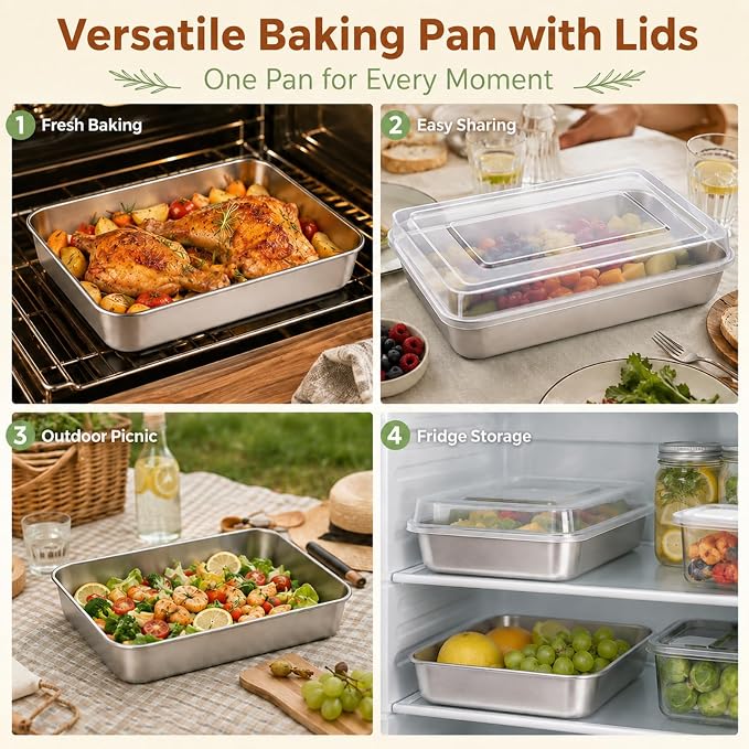E-far Stainless Steel Baking Pan with Lid, 12⅓ x 9¾ x 2 Inch for Cake | Rectangle Cake Pan with Cover for Brownies Casseroles, Non-toxic & Healthy Bakeware, Heavy Duty & Dishwasher Safe