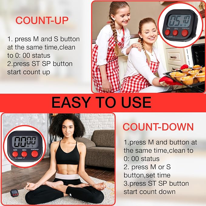Leumoi 24 Pack Multi-Function Digital Timers with Magnetic Back, Large LCD Display, Loud Alarm, Count up & Countdown, Memory Function for Cooking, Classroom, Study, Exercise & Work(Black and Red)