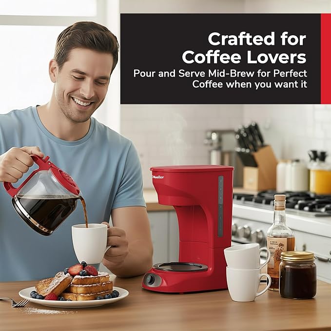 MUELLER HOME 12-Cup Red Coffee Maker | Borosilicate Carafe, Auto-Off, Reusable Filter, Anti-Drip, Keep-Warm Function