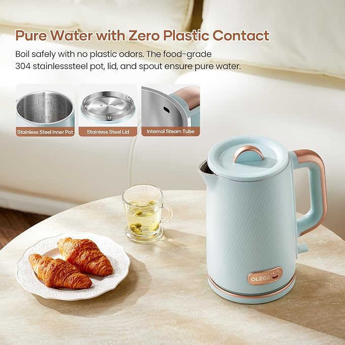 OLEGA Electric Kettle: 1200W Fast Boil Tea Kettles with Tea Infuser 1.5L | Stainless Steel Kettle; Electric Water Kettle with Strainer; Plastic Free Teapot; Auto Shut-Off Water Boiler