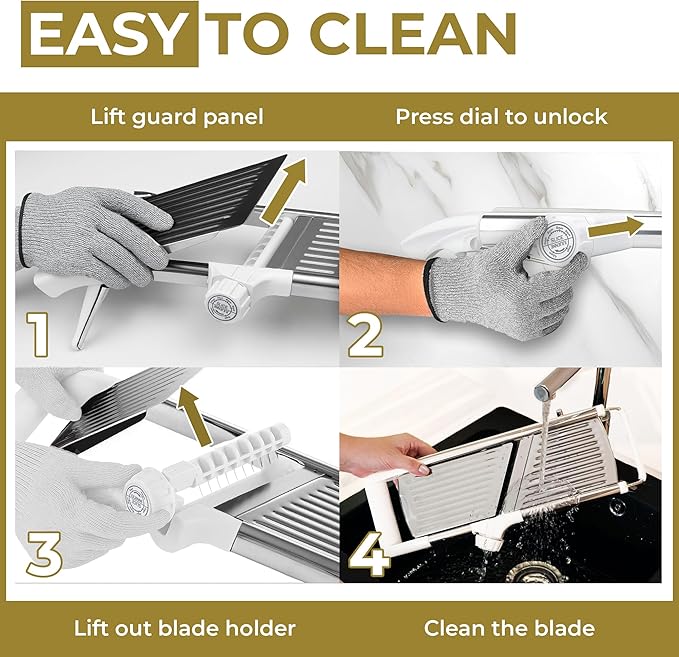 Gramercy Adjustable Mandoline Food Slicer, Mandoline Slicer for Kitchen, Mandolin, Potato, Tomato, Carrot, Vegetable, Fruit and Onion Cutter, Stainless Steel, INCLUDING Cut-Resistant Gloves, White PRO