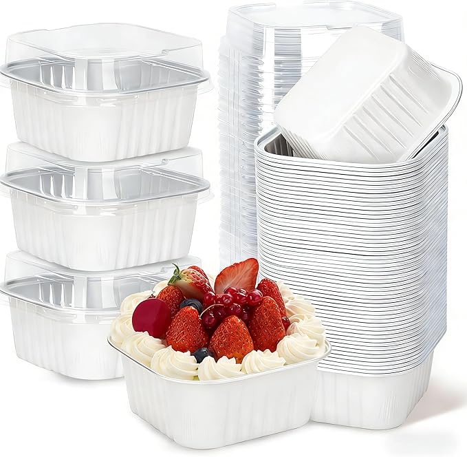 60Pack 5oz White Mini Cake Pans with Lids Baking Cups Aluminum Foil Pans Tins, Individual Dessert Cups Containers for Sales,Party,Picnics
