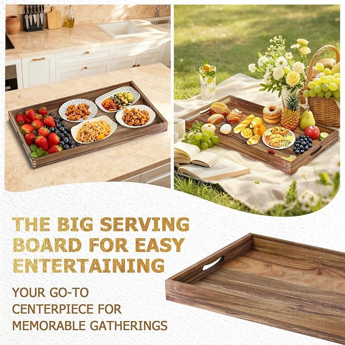 Extra Large Ottoman Tray, 32 x 18 inches Acacia Wood Serving Tray | Rectangle Wooden Decorative Tray with Handles, Oversized Coffee Table Tray, Serving Platter Tray for Living Room, Charcuterie