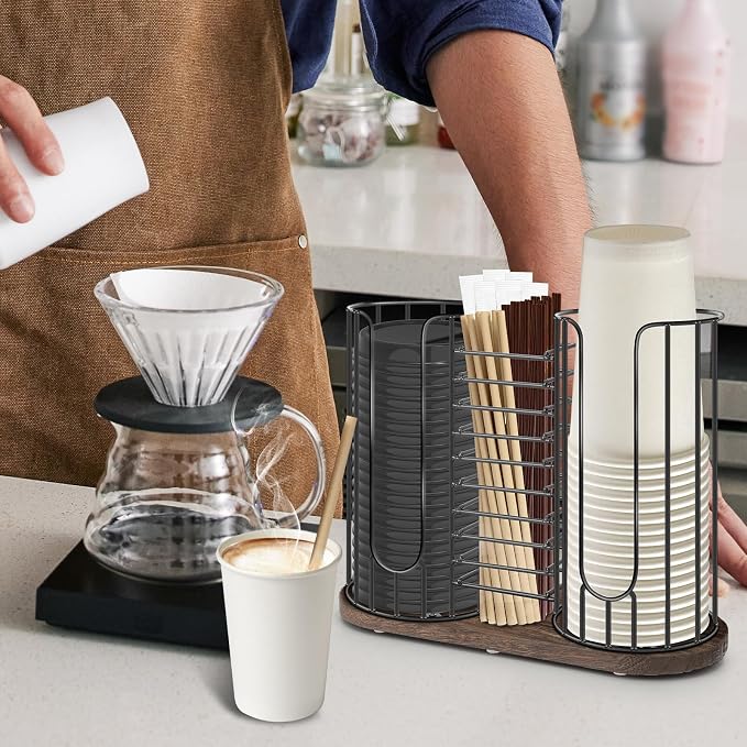 3-Compartment 18oz Coffee Cup Dispenser Rack with Wood Base, Disposable Cup, and Lid Organizer for Countertop - Perfect for Paper Cups, Straws, and Kitchen Cabinet Storage