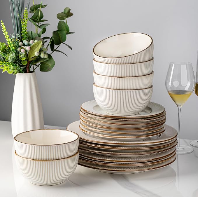 GBHOME Ceramic Dinnerware Sets of 6,18 pcs Plates and Bowls Sets Dishes | Embossed Elegant Stoneware Dishes Set | Dishwasher & Microwave Safe | Service for 4