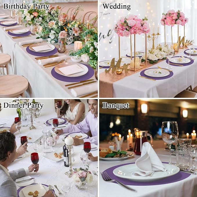 SHACOS 100 PCS Round Paper Placemats 13 inch Disposable Paper Place Mats for Dinner Wedding Birthday Party Festival Table Decoration Indoor Outdoor, Purple (Pack of 2)