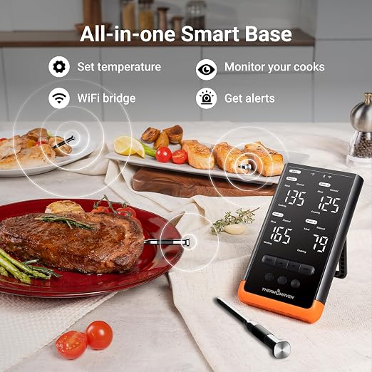 ThermoMaven Sub-1G Wireless Meat Thermometer, 4 Probes WiFi Thermometer | 3000FT Open Range, Smart App + Base Control, 6 Sensor NIST ±0.5°F Accuracy, BBQ Smoker Grill Oven, Brisket Steak Turkey Pork