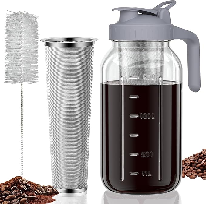 Cold Brew Coffee Maker, 64 oz Glass Mason Pitcher | 100μm stainless steel filter, wide mouth design, leak-proof lid with handle, pour spout for iced coffee, tea and cold drinks