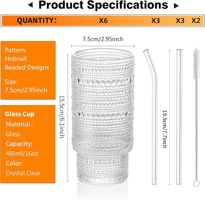 KEMORELA Vintage drinking glasses set of 6, Large 16oz Hobnail Glassware Set, Glass Cups With Straws, Romantic Hobnail Highball Glasses for Bar Beverages Ice Coffee Cocktail Mixed Drinkware