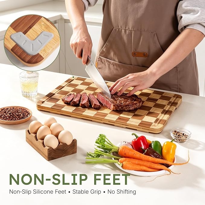 Bamboo Cutting Boards for Kitchen Wooden Checkered Cutting Board with Deep Juice Groove Non Toxic Charcuterie Board Cheese Serving Tray Non Slip End Grain Thick Large Wood Chopping Board 17”x 12”