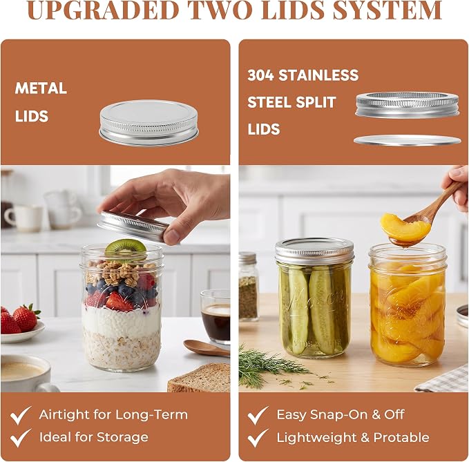 CycleMore 16oz Embossed Glass Mason Jars with Two Types of Lids – Set of 6 | One-Piece & Stainless Steel Split Lids. BPA-Free & Durable Glass. Dishwasher Safe. Non-Slip Grip. Vintage Style.