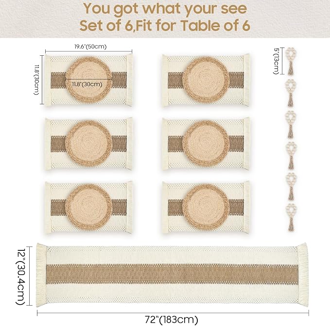 Placemats Set of 6 w/Charger Plates Table Mats Table Runner & Napkin Rings | All in One Placemats,Boho Farmhouse Style Heat-Resistant Non-Slip Protective Round Woven Placemats for Dining Table Décor