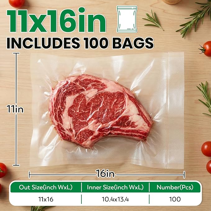 FUNFERY 200 PCS Precut Quart Vacuum Sealer Bags for Food 11" x 16" BPA Free | Airtight Vacuum Seal Freezer Bags for Food Storage, Meal Prep, Sous Vide and Bulk Freezing