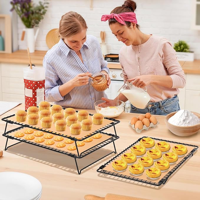 3-Tier Baking Cooling Rack with Legs, 13"x 9" w/50 Parchment Paper | Stackable Cooling Racks for Baking w/Pastry Brush, Collapsible Wire Rack for Cooling Cookies, Cakes, Bread, Dishwasher Safe