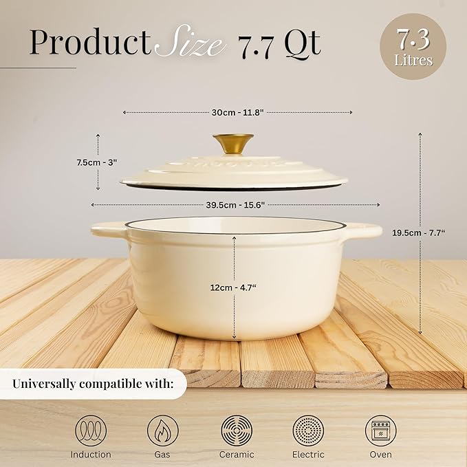 Cast Iron Dutch Oven with Lid-Non-Stick Ovenproof Enamelled Casserole Pot - Sturdy Dutch Oven Cookware-Cream, 7.3- Quart, 30cm- by Nuovva