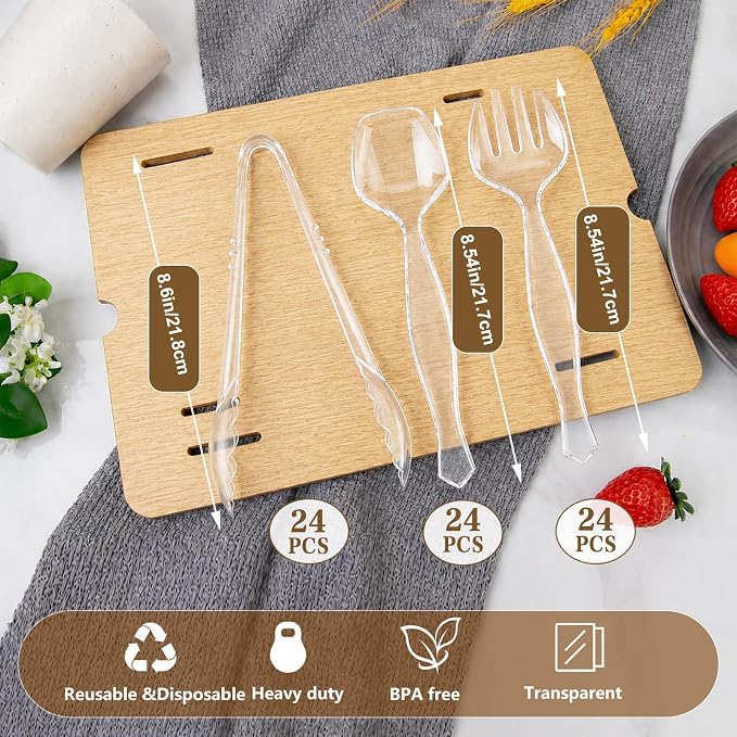 Mwellewm 72Pcs Serving Utensils Large Plastic Serving Utensils Set Serving Spoons for Buffet Clear Disposable Plastic Tongs 8.5'' Heavy Duty Slotted Spoons/Forks Supplies for Party Food Salad Soup