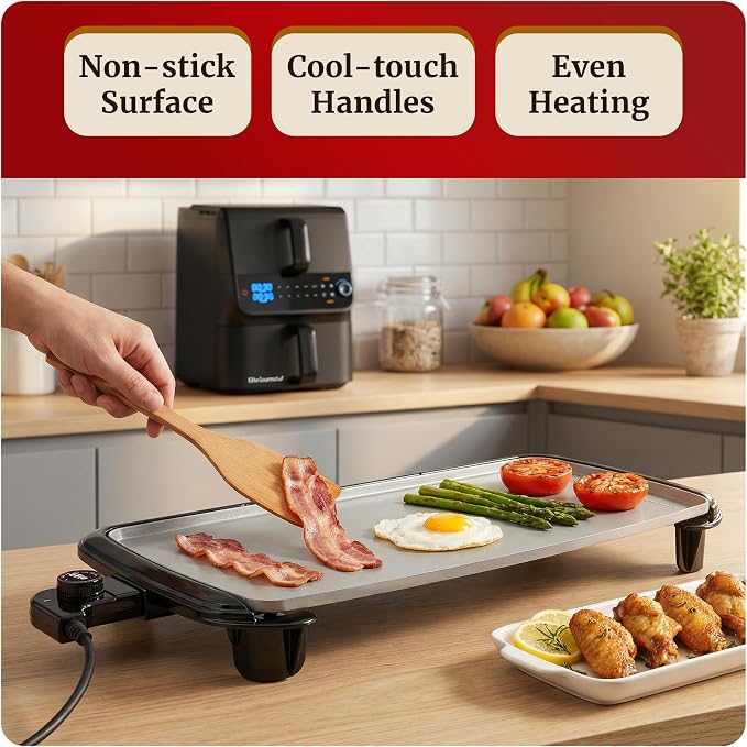 Elite Gourmet Electric Griddle, Ceralast Non-Stick, 10"x20" Black/Grey | PFAS-Free Ceramic, Cool-Touch Handles, Removable/Adjustable Thermostat, Easy-Clean Grease Tray, Great for Pancakes