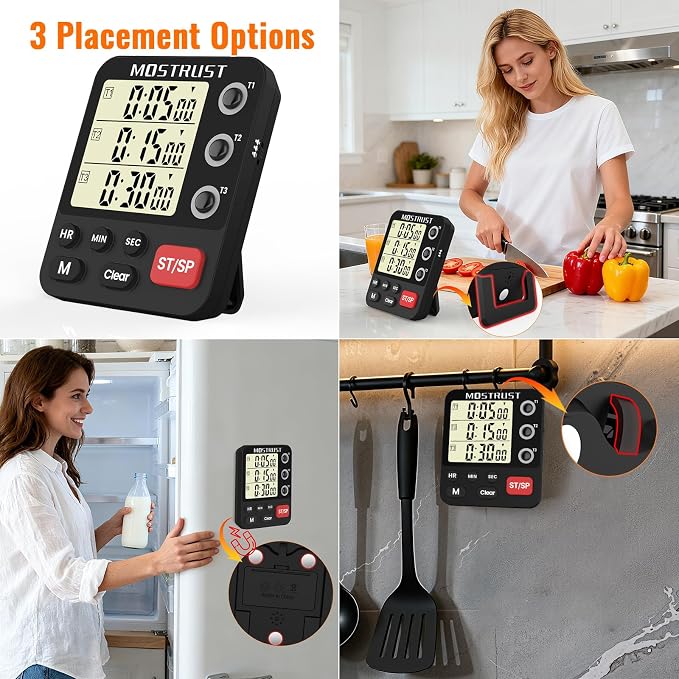 Digital Dual Kitchen Timer, Multiple Channels Countdown Timer | 3-Groups Triple Timer with Magnet-Back Memory-Preset Large Display Adjustable Volume, 3A Battery Included, Ideal for Cooking