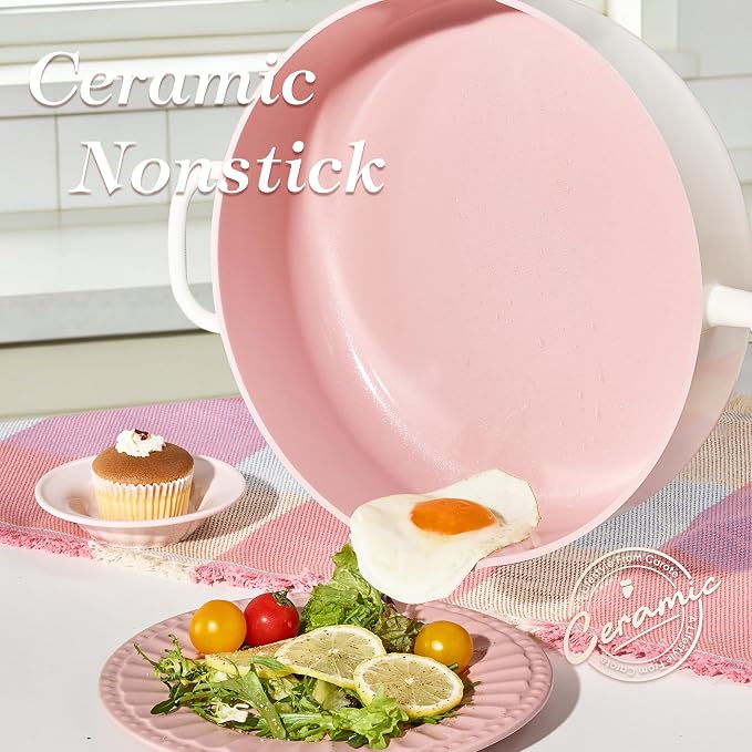 CAROTE 11 Inch Nonstick Deep Frying Pan with Lid, 5 Qt Chef Saute Pan with Pour Spout, Skillet Induction Cookware, Non Stick Cooking Pan Kitchen Pan, Healthy & PFOA/PFAS Free, Includes Spatula, Pink