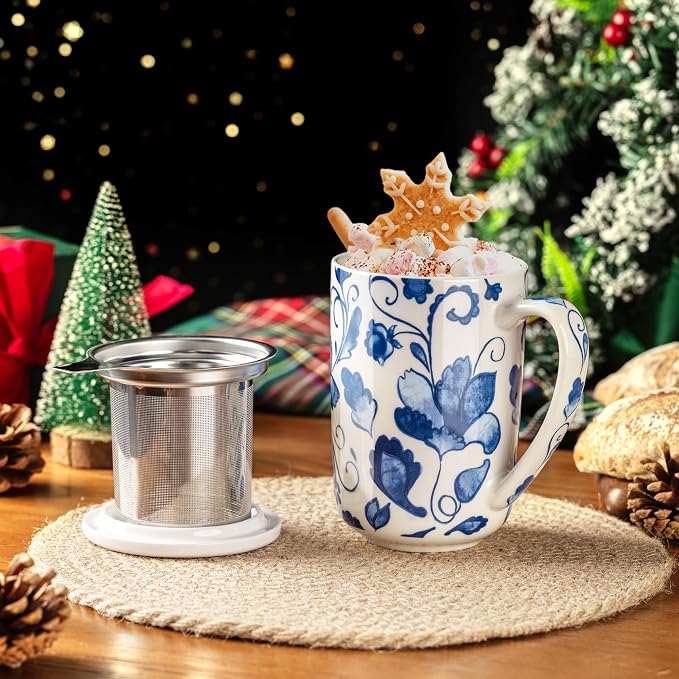 GBhome Tea Mug with Infuser and Lid,18 Ounce Ceramic Loose Leaf Cup Steeper | Lead-Free Glaze For Tea Lovers,Microwave & Dishwasher Safe with Tea Strainer