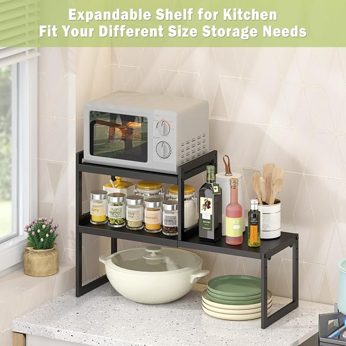 DOLALIKE Expandable kitchen Countertop Organizer, Stackable Cabinet Shelf Organizers, Space Saving Spice Rack Pantry Storage for Bathroom Office (Black, 1 Pack) | Space Saving Metal Pantry Storage Racks for Kitchen Spice Rack Pans and Untensils Bathroo...