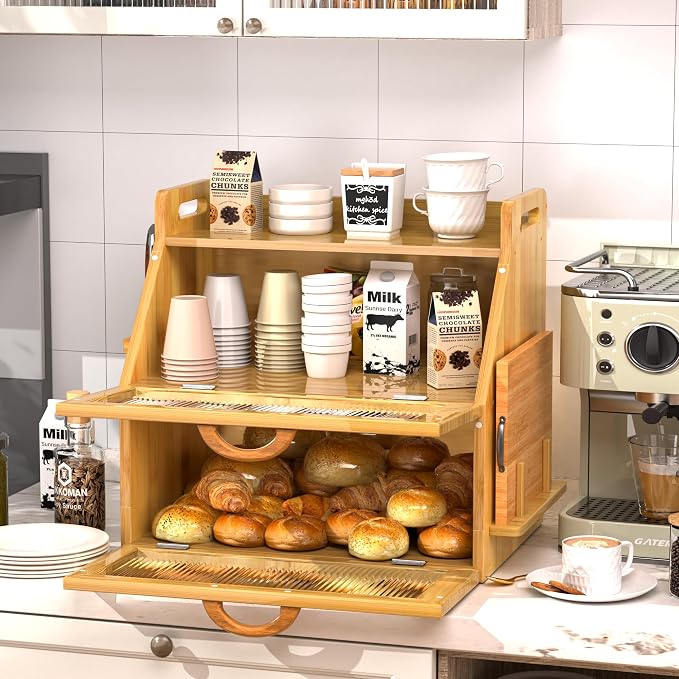 Bread Box for Kitchen Countertop, Large Bread Storage Container for Homemade Bread, Wooden Farmhouse Breadbox Organizers, Double Layer Bread Bin with Acrylic Window Bread Holder, Brown