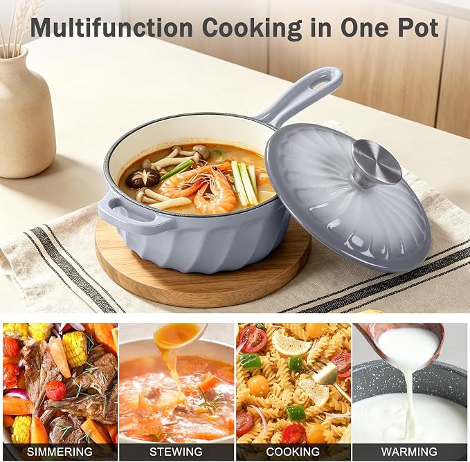 Enameled Cast Iron Sauce Pan with Lid, 2 Quart Saucepan with Lid | Dutch Oven with Lid, Small Cast Iron Pot for Cooking Pasta, Soup, Milk, Induction & Oven Safe Up to 500°F, Light Gray