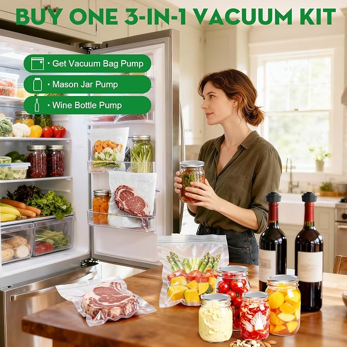 3-in-1 Compact Handheld Vacuum Sealer for Food (Bag, Mason Jar,Wine Bottle) | Innovative Design, 6X Preservation & Fresh, Portable Sealer Machine with 14 Reusable Bags, 14 Mason Jar Lids, Wine Stopper
