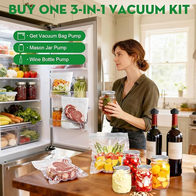 3-in-1 Compact Handheld Vacuum Sealer for Food (Bag, Mason Jar,Wine Bottle) | Innovative Design, 6X Preservation & Fresh, Portable Sealer Machine with 14 Reusable Bags, 14 Mason Jar Lids, Wine Stopper