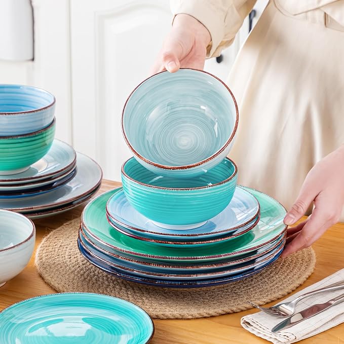vancasso Bonita Plates and Bowls Set 18 Pieces Blue Stoneware Service for 6 | Modern Round Dinnerware Sets, Hand-Painted Spiral Dishes Set-Microwave and Dishwasher Safe (Blue,18 Pcs)
