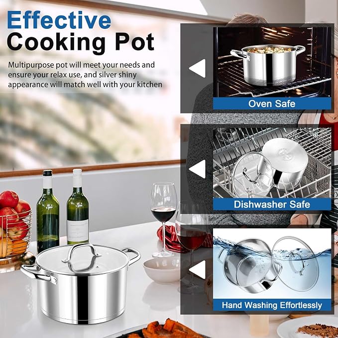 P&P CHEF 4 Quarts Stock Pot with Lid, Stainless Steel Stockpot for Cooking | Cooking Pot for Soup, Pasta, Tri-Ply Bottom for Induction, Gas, Ceramic, Glass Lid & Double Handle, Dishwasher Safe