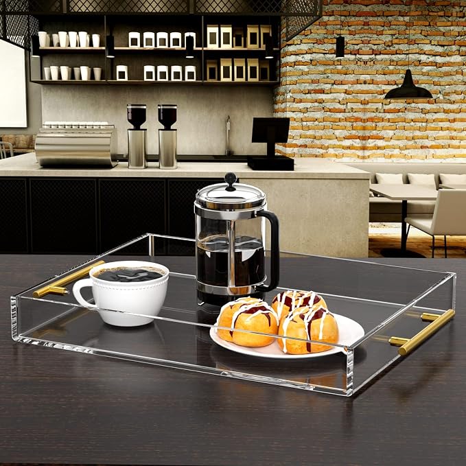 NIUBEE Clear Serving Tray 12x16 Inches - Acrylic Decorative Tray Organiser | Spill-Proof tray with Round Handles for Ottoman Coffee Table Countertop | Decorative Tray for Breakfast in Bed